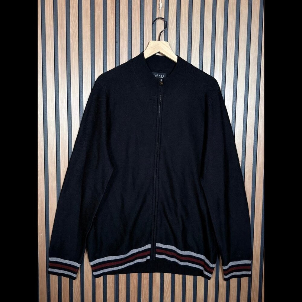 Velvet by Graham Spencer Sweater XL Mens Black Full Zip Striped Trim Soft Wool